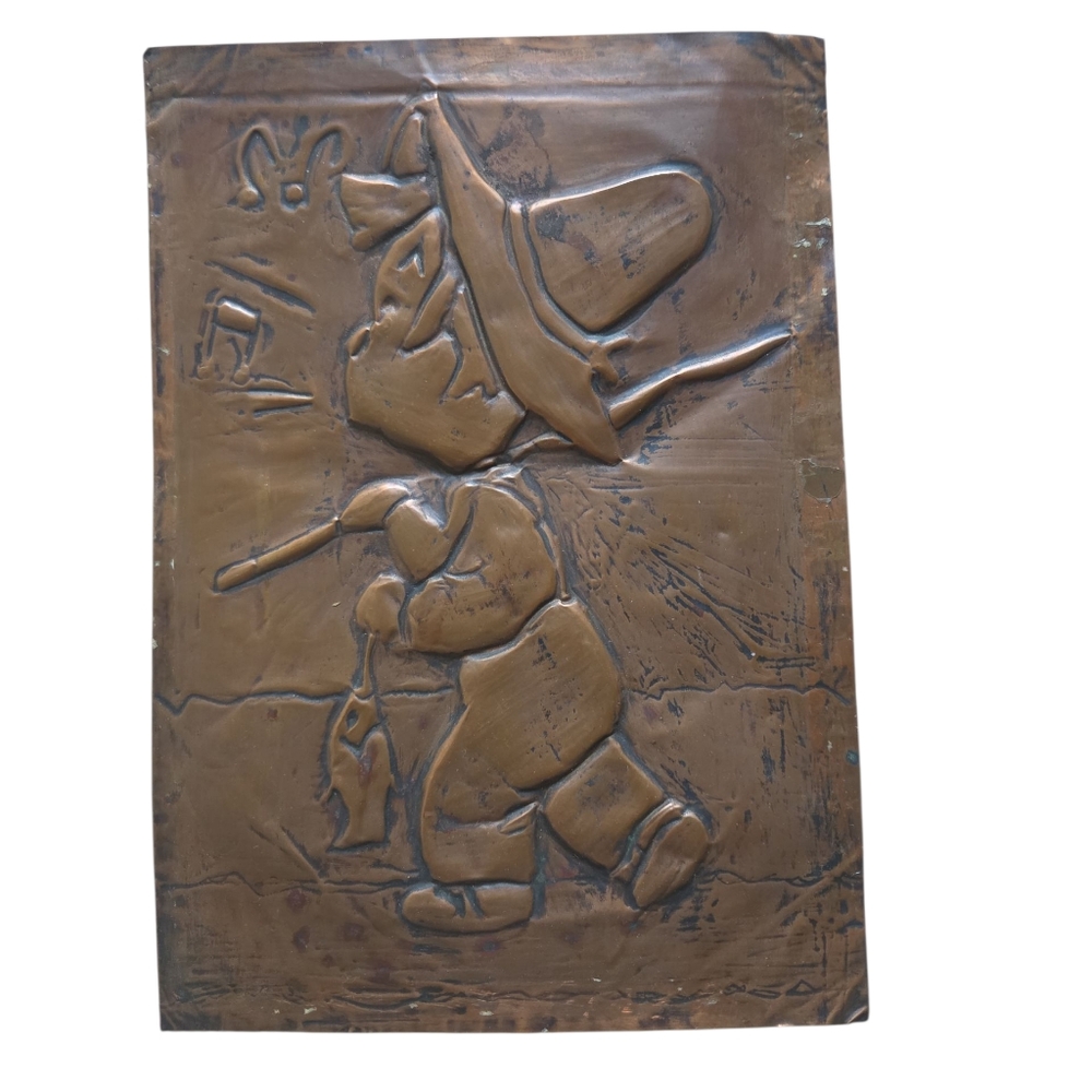 Vintage MCM 3D  Copper Relief Art Whistling Boy Gone Fishing 6.75”x9.5”